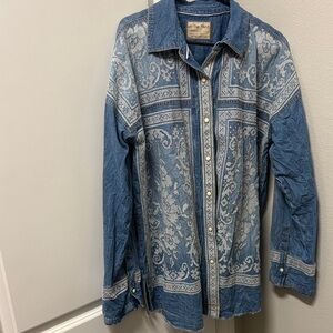 Free People Blue and White Patterned Jean Jacket